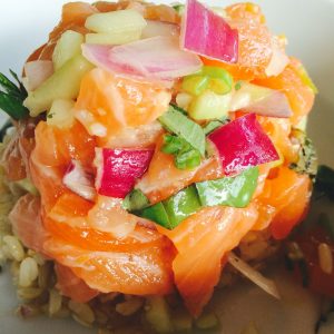 poke, salmon, brown rice, fresh, healthy 